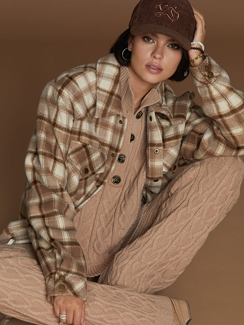 Light Brown Checked Wool Long Overshirt, 5