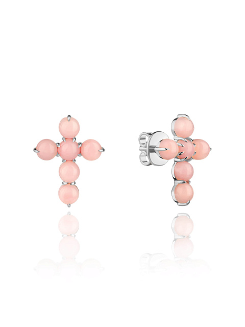 White gold stud earrings in the shape of crosses with pink opal, 1 White gold stud earrings in the shape of crosses with pink opal, 1