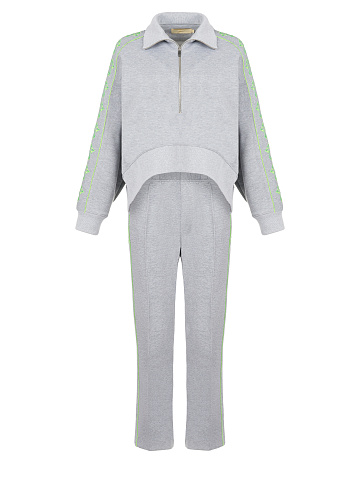 Grey & Neon Green Cross Embroidered Jersey Suit, 1