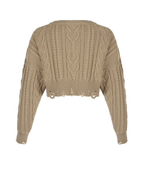 Dark Beige Cotton Cropped Cable Knit Sweater, 2