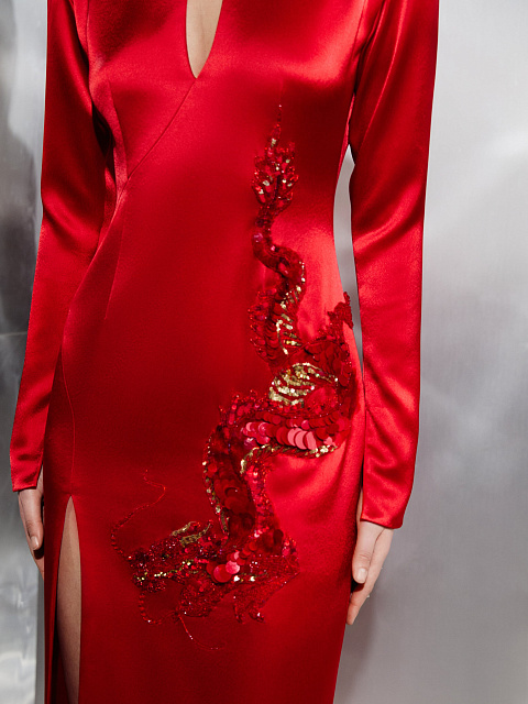 Red Silk Maxi Dress With Dragon Embroidery, 5 Red Silk Maxi Dress With Dragon Embroidery, 5