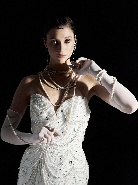 White Pearls & Rhinestones Silk Mini Dress, 5