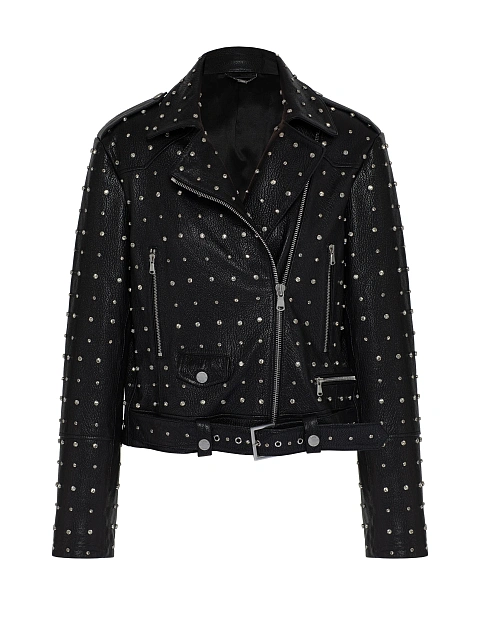 Black Rhinestones Leather Biker Jacket, 1