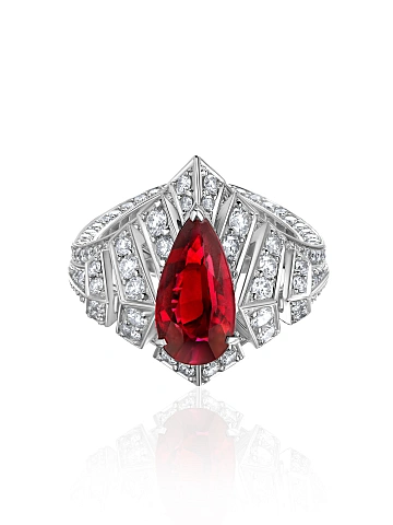 Pear Pigeon Blood Ruby, Round Diamond & White Gold Ring, 2