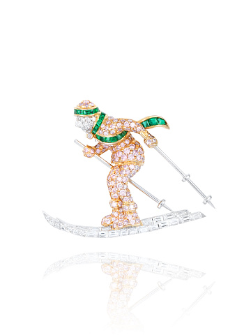 White Gold, Emeralds, Clear & Pink Diamonds Skier Brooch, 1