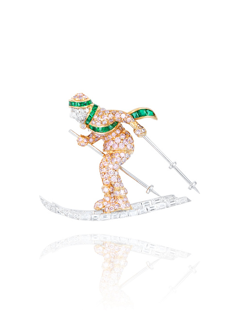 White Gold, Emeralds, Clear & Pink Diamonds Skier Brooch, 1