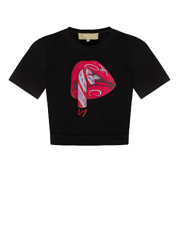 Cropped Black Lips Printed T-Shirt, 1