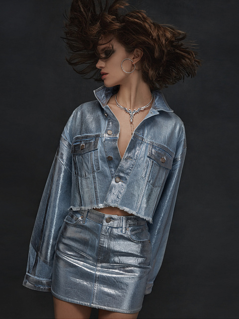 Silver Plated Light Blue Denim Mini Skirt, 8