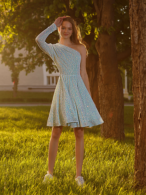 Light Blue Sequined One Sleeve Dress , 4