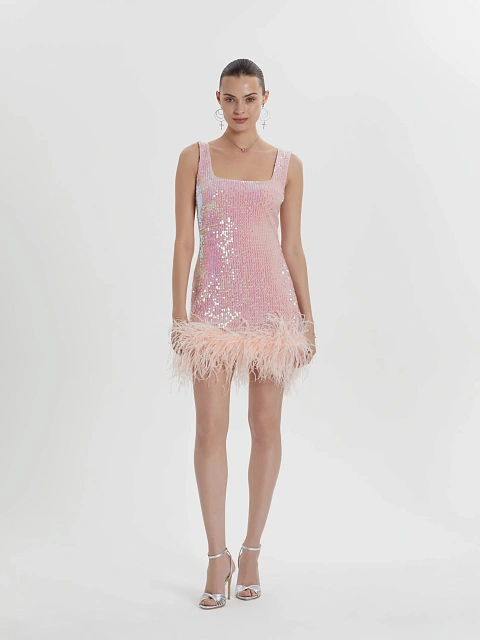 Pink Sequined Feather-Trimmed Mini Dress, 4