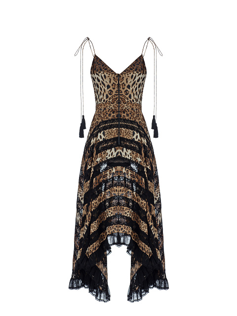 Leopard Lace Trim Silk Midi Dress, 2