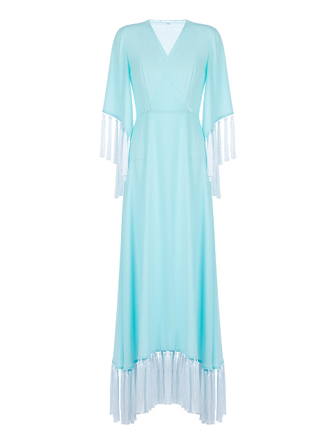 Light Blue Embroidered Silk Fringed Wrap Dress, 1
