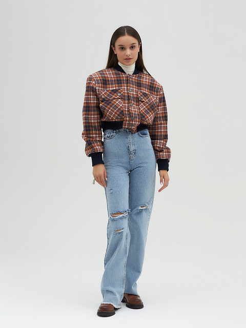 Rust Brown Plaid Cropped Bomber Jacket, 4