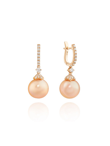 Pink gold earrings with peach pearls and diamonds, 1