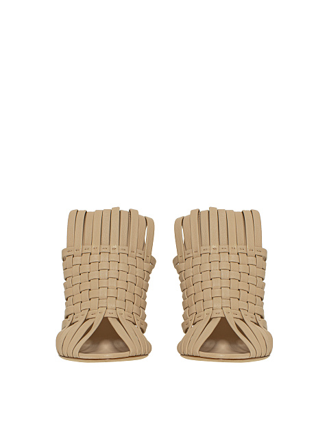 Beige Woven Leather Heeled Mules, 2