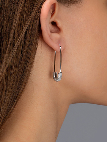 Round Diamond & White Gold "Safety Pin" Earrings, 2