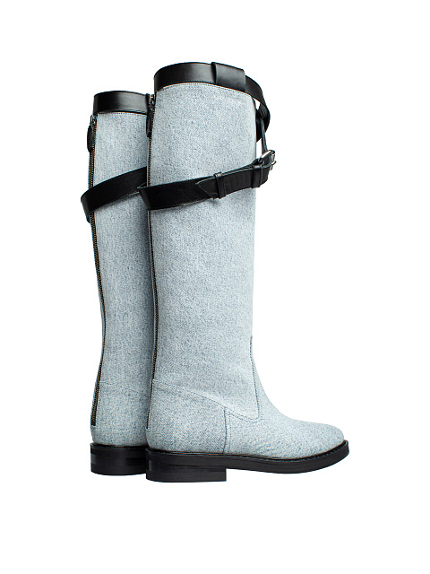 Light Blue Denim & Leather Buckled Knee Boots, 3 Light Blue Denim & Leather Buckled Knee Boots, 3