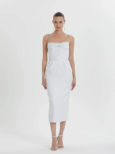 White Lace-Paneled Midi Dress, 4