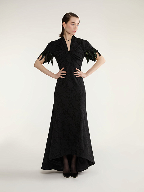 Black Jacquard Maxi Dress With Feathers, 5