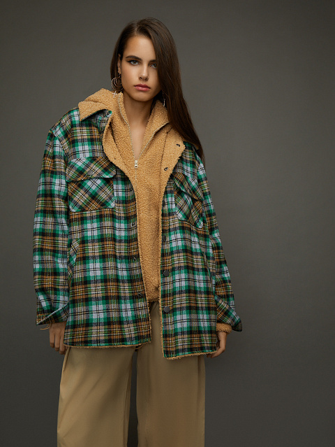 Green Checked Faux Fur Lined Shirt, 5