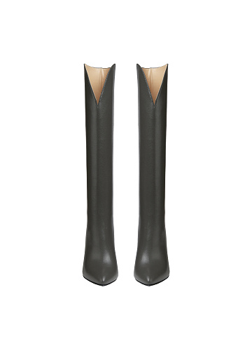 Dark Grey Leather Heeled Tall Boots, 2