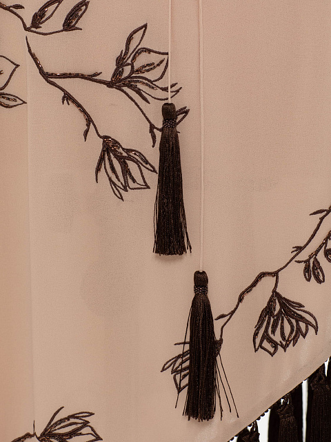 Beige Chiffon Mini Dress with Embroidery and Fringe, 5