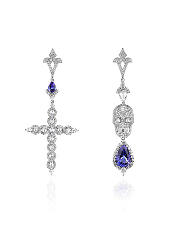 Asymmetrical white gold skull earrings with tanzanites and diamonds, 1