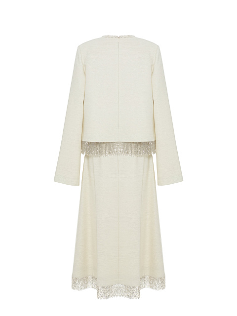 Milk-colored suit with jacket and midi skirt with beaded fringe, 4