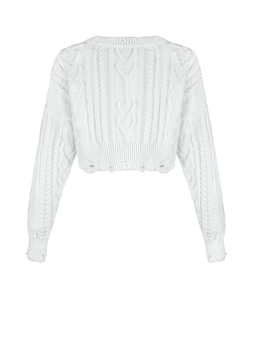 White Cotton Cropped Cable Knit Sweater, 2