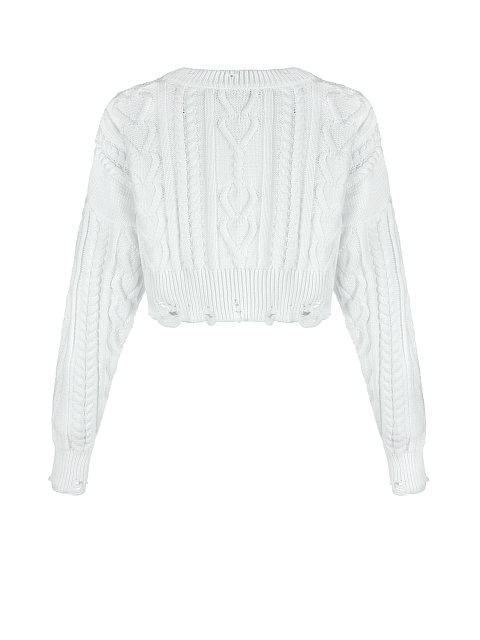White Cotton Cropped Cable Knit Sweater, 2