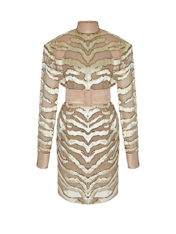 Beige devoré velvet midi dress, 1