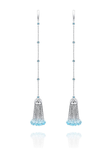 Briolette Topaz Sky Blue & Round Topaz Sky Blue & White Gold Tassel Earrings, 1