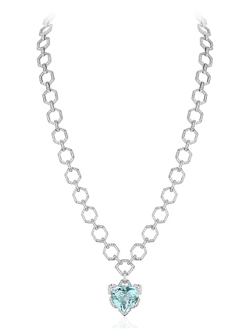 White gold necklace with a heart‑cut aquamarine pendant, 1
