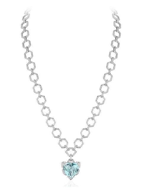 White gold necklace with a heart‑cut aquamarine pendant, 1