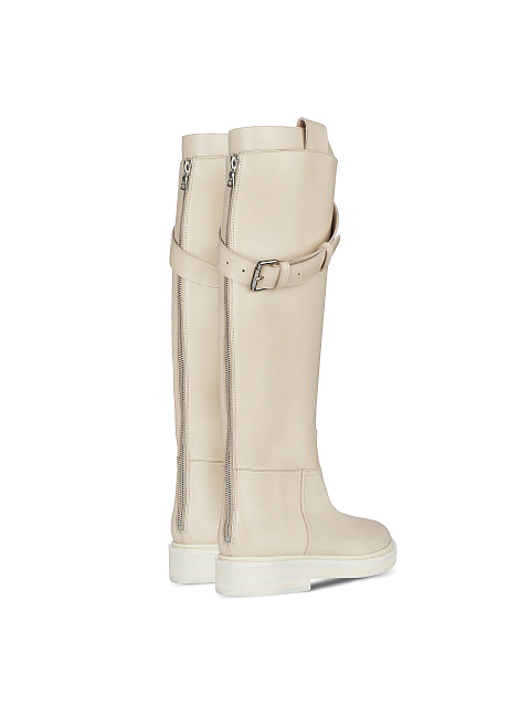 Ivory Leather Buckled Knee Boots, 3