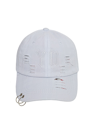 White Distressed Denim Cap With Rings, 2