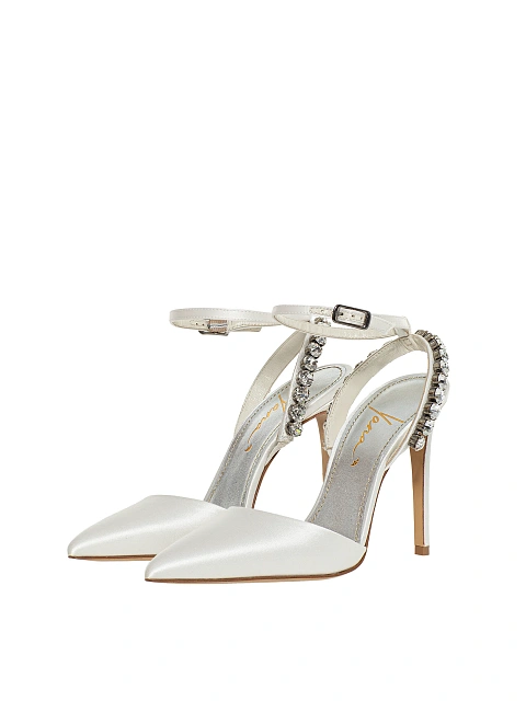 White satin pumps with pointed toe and rhinestones, 1
