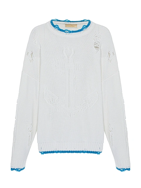 White & Blue Unisex Anchor Cotton Sweater, 1