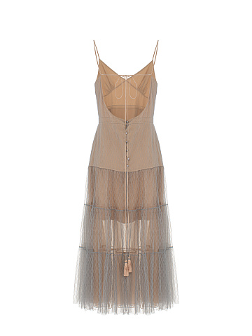 Beige Mesh & Organza Midi Dress, 2
