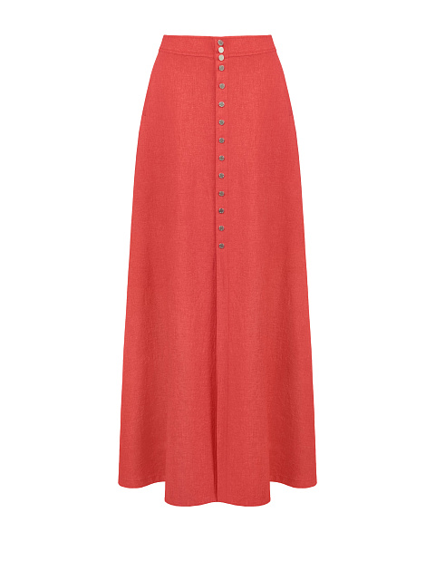 Set, coral linen, blouse with a tie at the hips, flared skirt with buttons, 4