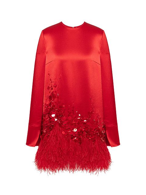 Red Feather & Sequin Silk Mini Dress, 1