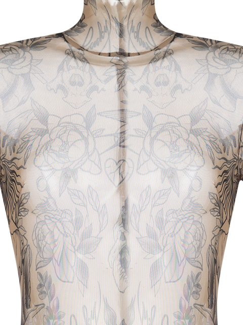 Beige Tattoo Printed Long Sleeve Bodysuit, 3