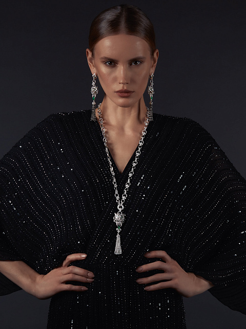 White Gold Emerald & Diamond Tiger Tassel Earrings, 3