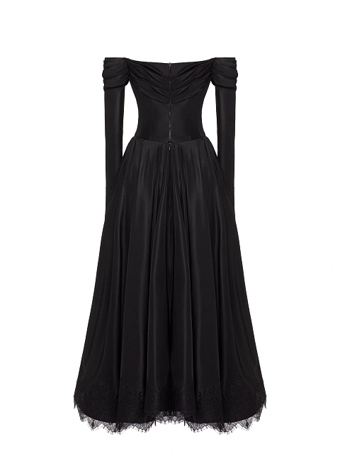Black Lace Trim Taffeta Maxi Dress, 3