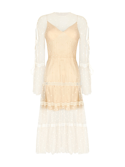 Beige Polka Dot Midi Dress, 1