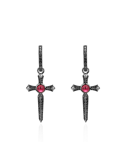 Black Gold, Garnet & Black Diamonds Cross Earrings, 1
