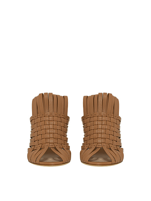 Brown Woven Leather Heeled Mules, 3