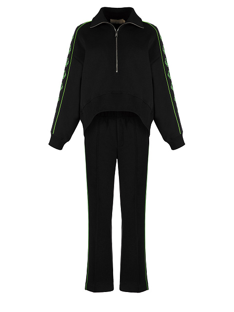 Black & Green Lily Embroidered Jersey Suit, 1