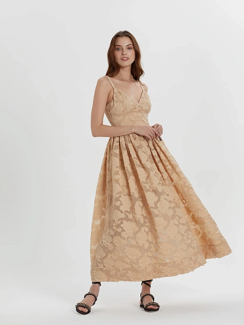Beige Organza Midi Dress, 4