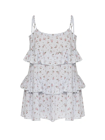 Light Blue Floral Print Cotton Mini Dress With Ruffles, 1